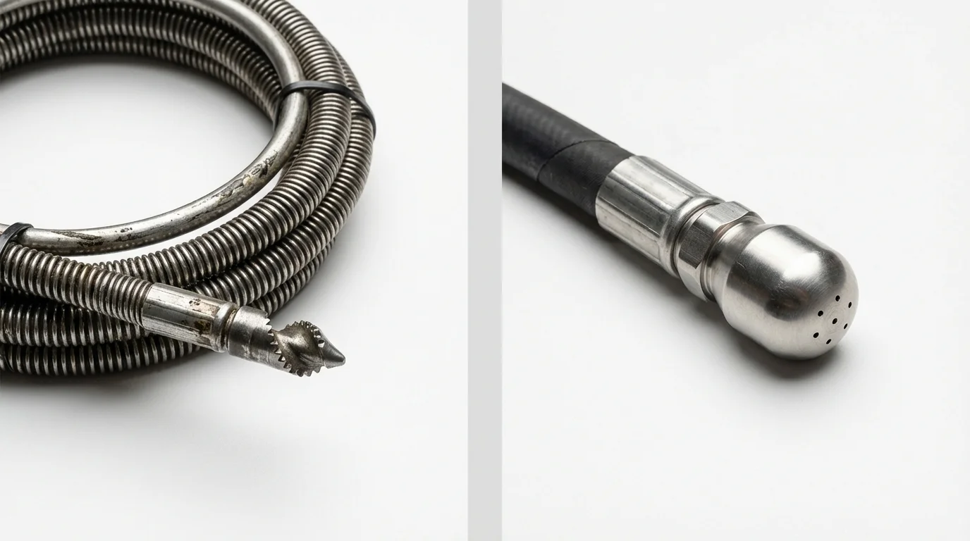 Drain snake cable and hydro jetting nozzle used for drain cleaning in Atlanta, TX