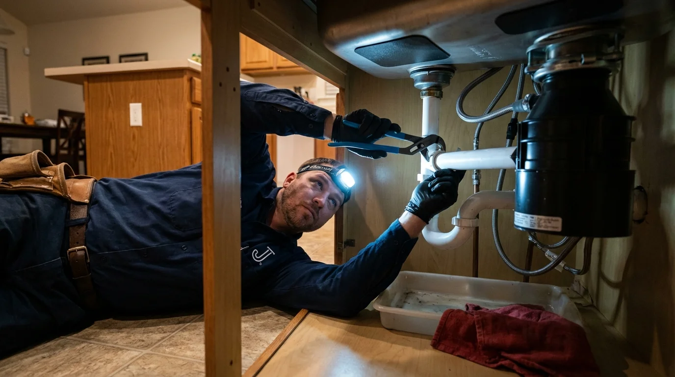 P-trap and supply line connections under a kitchen sink showing a common leak point in Atlanta, TX
